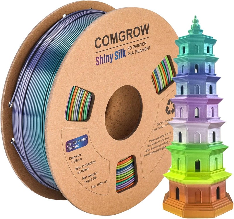 Comgrow Rainbow Colors Silk PLA 3D Printer Filament, PLA Filament 1.75mm, Dimensional Accuracy +/- 0.02 mm, 1KG Spool, Coextrusion 3D Filament with Shiny Silk Rainbow Yellow - Image 1